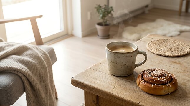 Fresh coffee cup and sweet cinnamon roll on a wooden table in a cozy sunlit room. kaffe pause