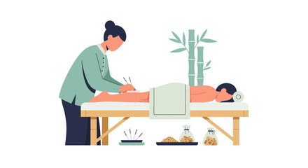 Fototapeta premium Acupuncture Treatment: Therapist Performing Needle Therapy on Patient Lying on Massage Table