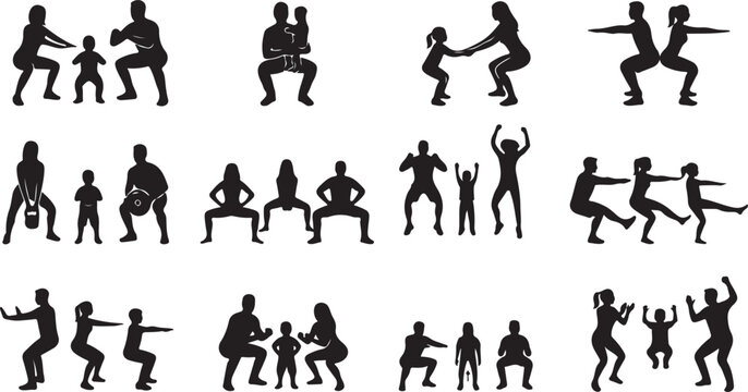 Set of black silhouette depicting families and children performing squat exercises and various fitness training movements on a white background
