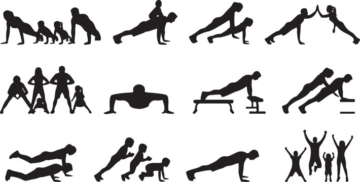 Set of black silhouette depicting families and children performing various push-up exercises and fitness training on a white background
