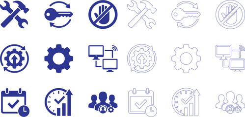 Fototapeta premium Collection of blue line icons representing service repair and technology silhouette