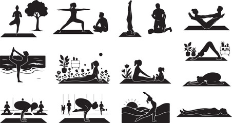 Obraz premium Set of black silhouettes showing people practicing various yoga poses, meditation, stretching, and fitness exercises in different settings