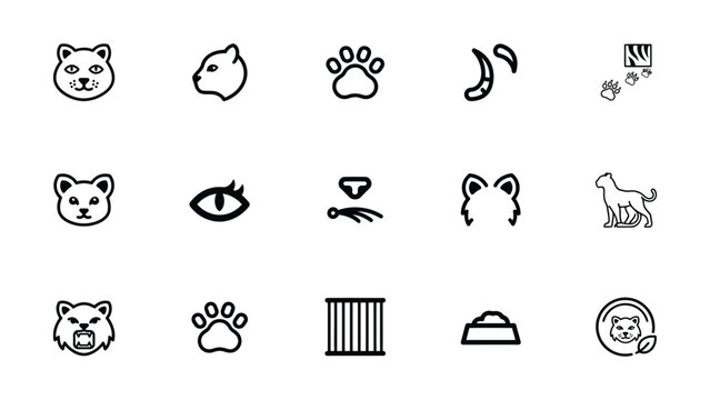 Collection of minimalist cat and dog icons with various playful and functional designs on transparent background