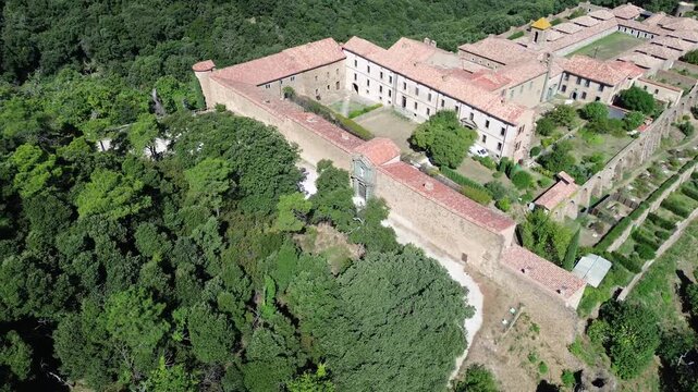 Monast&egrave;re Notre-Dame de Cl&eacute;mence - Chartreuse de La Verne isol&eacute;e dans le Massif des Maures - Var, France - drone 4k