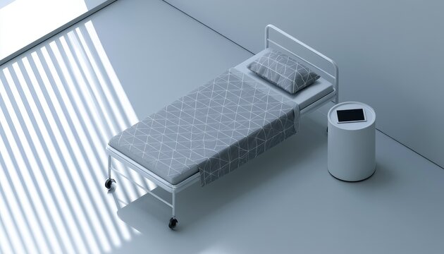 Minimalist hospital room with a single bed and bedside table