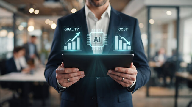 Business executive holding digital tablet featuring holographic ai interface display showing increasing quality and decreasing cost metrics representing corporate process efficiency.