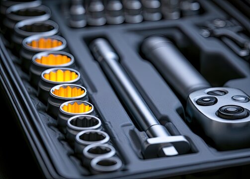 Close-up of metal sockets, ratchet, and extension in a black toolbox