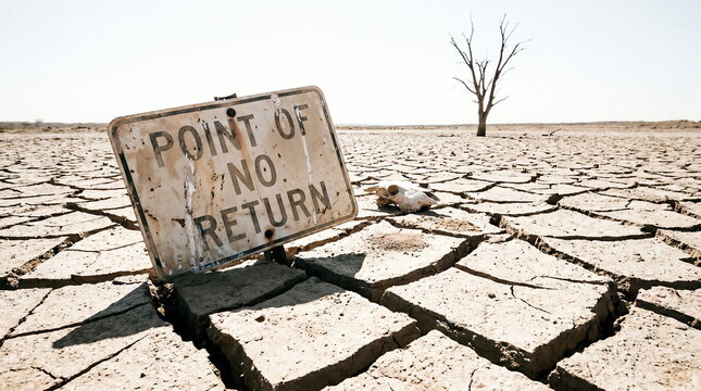 Environmental crisis depicted with "Point of No Return" sign, cracked dry earth, skull, dead tree in barren landscape, global warming.