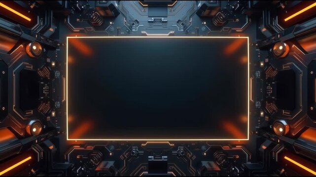 Futuristic neon metallic frame dark sci fi control room with glowing orange highlights and circuitry
