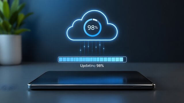 Cloud computing software update data synchronization hologram displaying loading progress bar on modern smartphone device