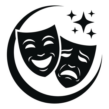 Theatrical comedy and tragedy masks in a circular design with sparkles icon