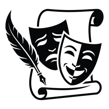 Theatrical comedy and tragedy masks with a feather quill on scroll icon
