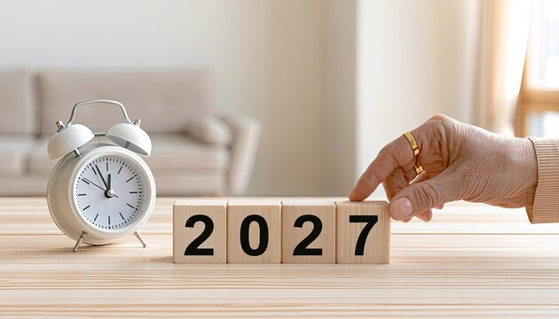 Hand places final block, completing the year 2027 next to a retro alarm clock