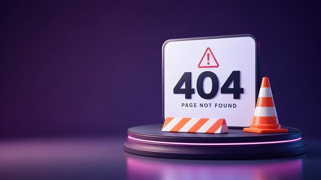 404 page not found website error warning sign with traffic cone on glowing purple neon modern podium