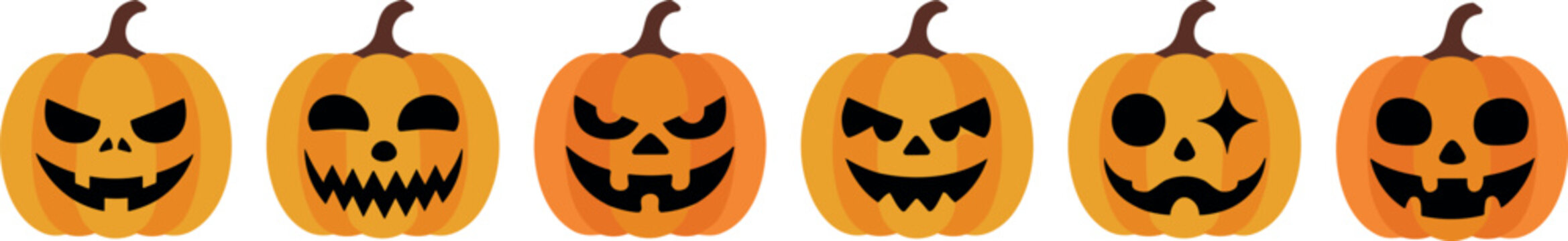Set of six spooky carved jack o lantern halloween pumpkins with various funny faces vector illustration