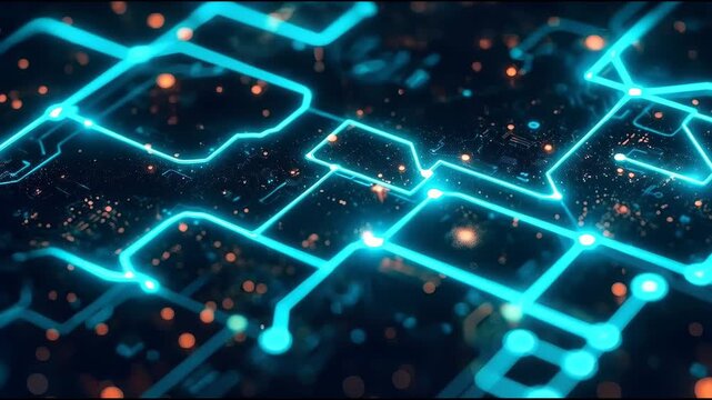 Neon circuit pathway glowing with bokeh particles and glowing circuit traces evoking futuristic