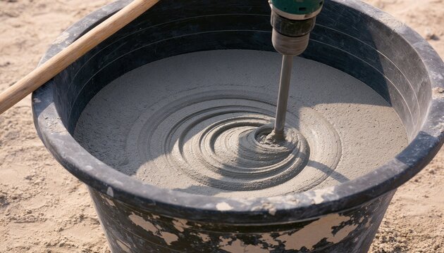Mixing wet cement in a large black bucket with a tool