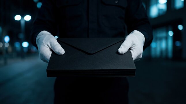 Gloved hands presenting stack of black envelopes against dark urban background, symbolizing confidential communication or exclusive invitation.