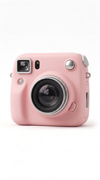 Pink instant camera with metallic lens ring flash dial and stylish playful modern retro photography design