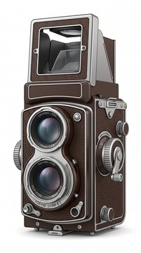 Vintage twin lens reflex camera with brown leather silver trim and classic medium format photography design