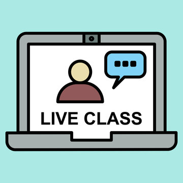 Laptop screen displays live class icon. Simple icon shows person and chat bubble. Text reads "LIVE CLASS" in bold letters. Design uses clean lines and flat colors