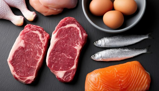 Assortment of raw meats, poultry, fish, and eggs on dark surface