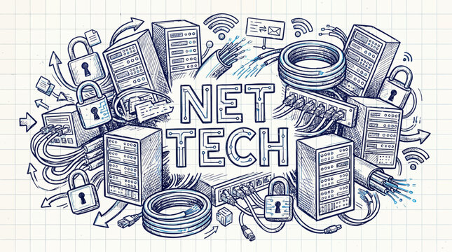 Handdrawn sketch of networking hardware including servers cables and padlocks on graph paper