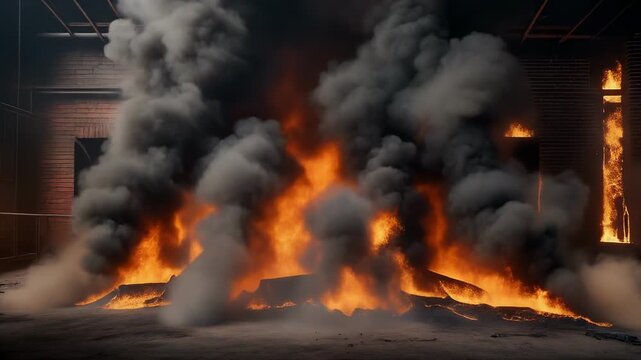 Intense bonfire flames burning in dark night forest