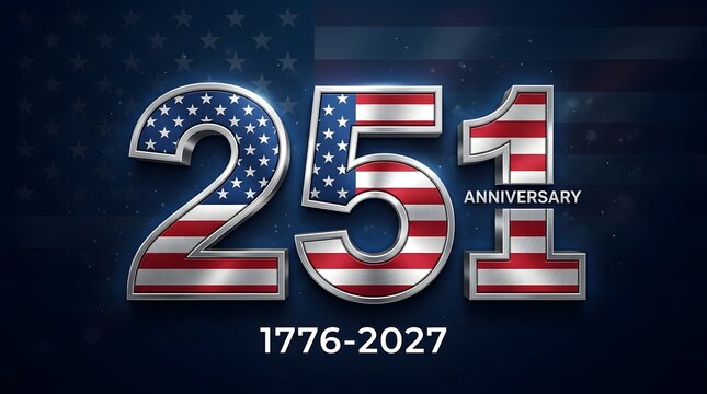 USA 251st Anniversary 3D Metallic with American Flag Design 1776-2027