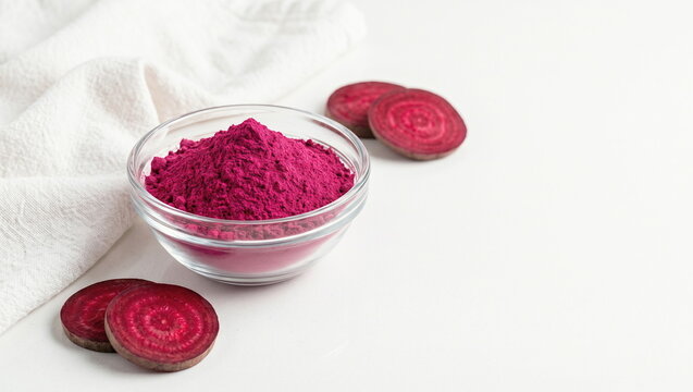 Beetroot powder in clear bowl, fresh beetroot slices and white fabric on minimalist counter, vibrant superfood for nutrition.