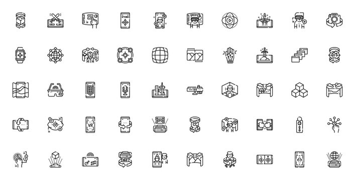 Virtual reality icon set. Minimal vector icons pack. Featuring VR, 3D, gaming, controller, video call, streaming, smartwatch, QR code, panoramic view, motion sensor, face scan and more.
