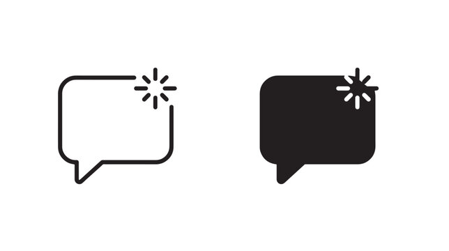 Two black and white speech bubble with a small starburst or sparkle symbol inside, isolated on a white background, for communication concepts