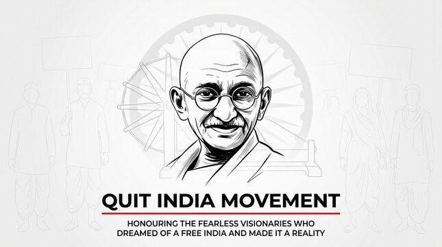 Quit India Movement Day banner featuring Mahatma Gandhi sketch with visionaries and freedom fighters