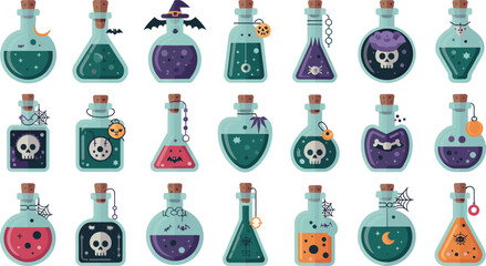 Set of colorful Halloween magic potion bottles with skull, bat, and witch themes for spooky holiday design projects. © Hena