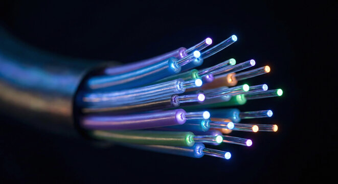 Close-Up of Fiber Optic Cable Bundle with Colorful Glowing Tips on Dark Background