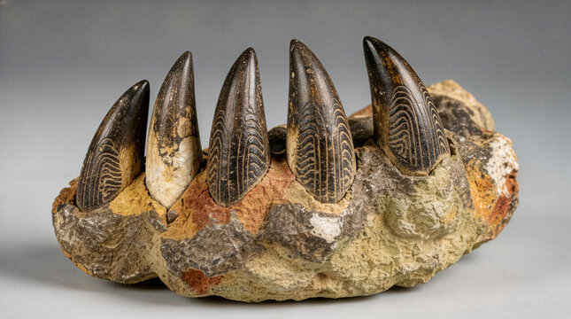 Fossilized Mosasaurus Jaw Bone with Sharp Curved Teeth Embedded in Prehistoric Rock Matrix, Ancient Marine Reptile Paleontology Artifact Macro Studio Shot