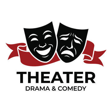 Theater drama and comedy masks with red ribbon logo design icon
