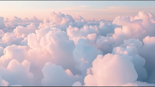 Soft pink sunrise pastel cloudscape with fluffy cumulus clouds forming dreamy serene sky horizon