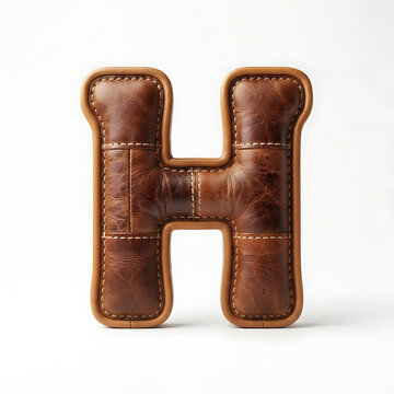 Luxury 3D Brown Leather Letter H Alphabet Character with Detailed Stitching and Textural Finish on White Background