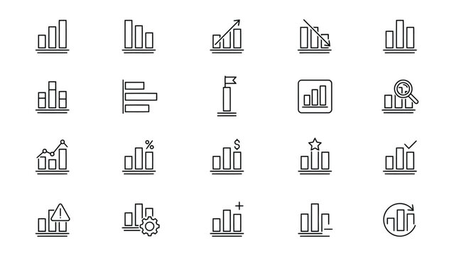 Collection of various line style icons depicting different types of bar charts and data visualization graphics