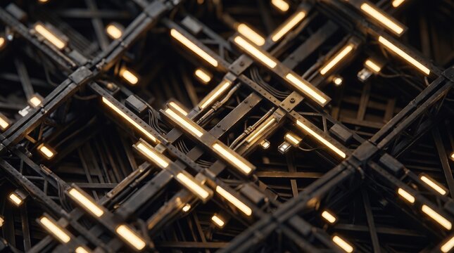 Intricate dark metal framework with glowing strip lights inside a futuristic spaceship