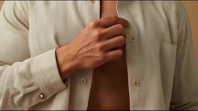 Muscular male torso with open beige shirt, hand adjusting shirt revealing toned chest and abs