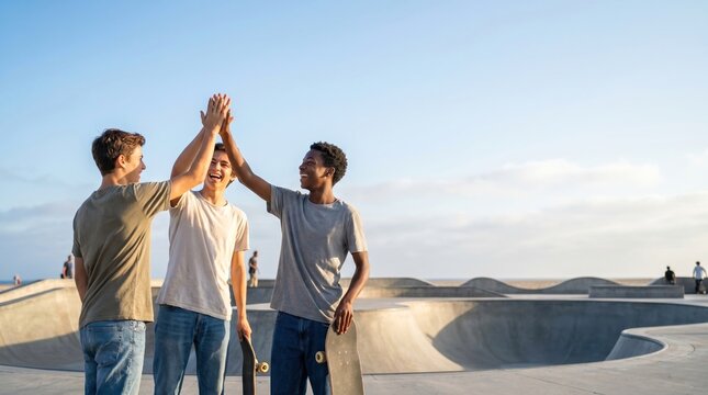 Three young multiethnic teenage male friends giving high five at a concrete skatepark representing friendship and teamwork