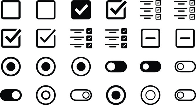 Checklist and UI Elements Icon Set with Checkboxes Radio Buttons Toggle Switches Check Marks and List Bullet Symbols for Interface Design