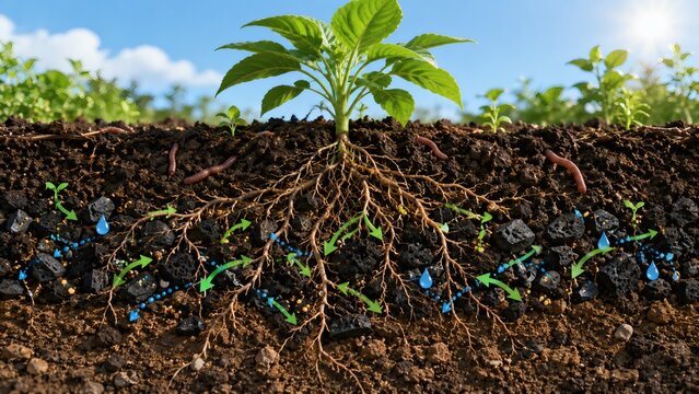 Young plant growing in rich biochar soil with visible roots and healthy green leaves