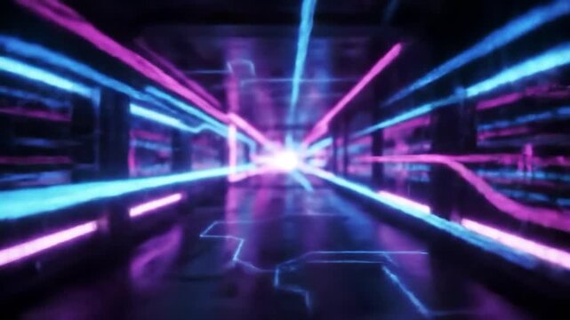 Futuristic spaceship corridor with glowing pink and blue neon light streaks