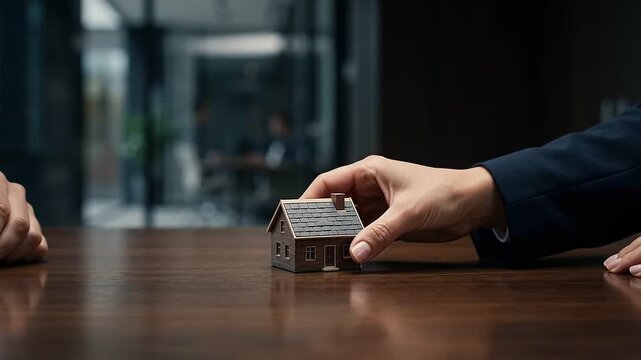 Mortgage interest rate concept with small wooden house model held by hand on table representing real estate loan and home finance ideas for investment and mortgage planning