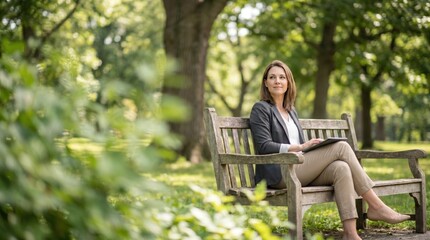 Fototapeta premium Professional woman in her 30s sitting on a park bench working on a tablet, representing remote business and outdoor corporate lifestyle