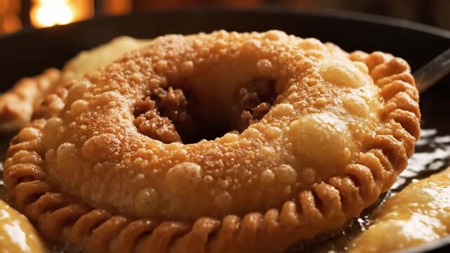 Golden brown meat filled pastry frying in hot bubbling oil with crispy crimped edges
