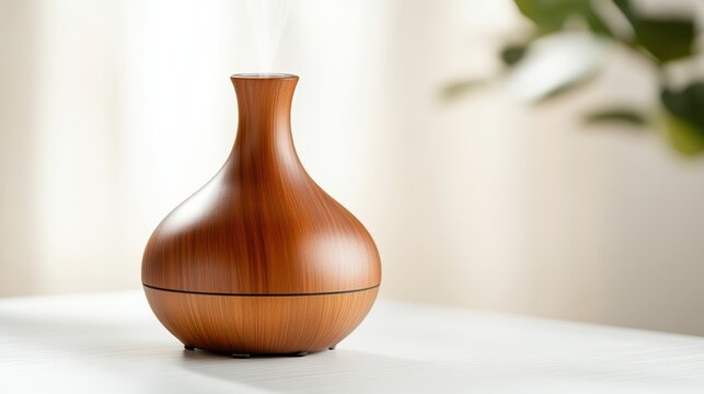 Wooden essential oil diffuser emitting mist for relaxing home aromatherapy and air humidification in living room setting